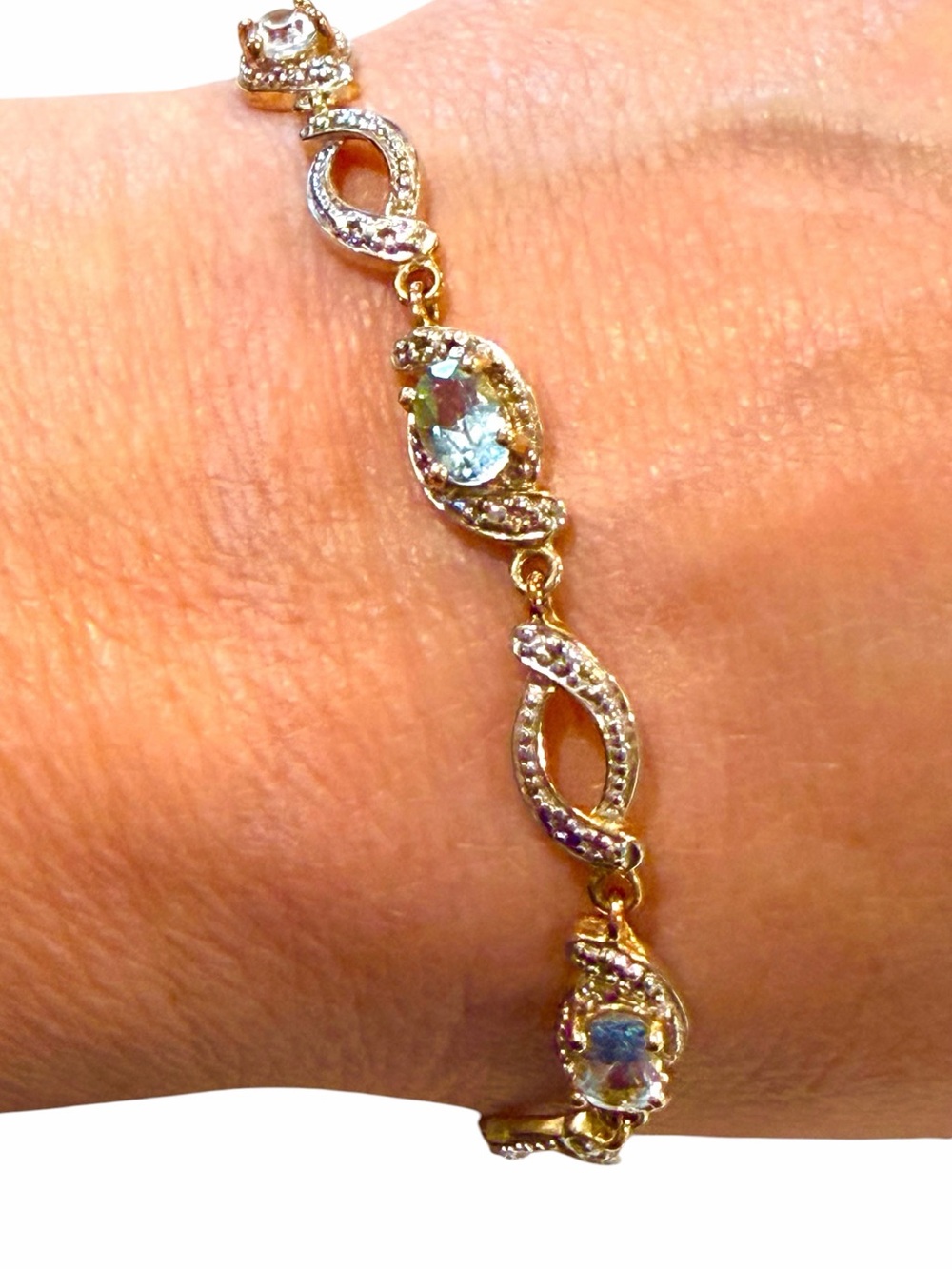 Gold Vermeil 925 Silver Blue Topaz & CZ Link Bracelet 9.2g